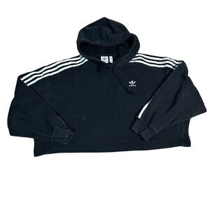 Adidas Black Cropped Hoodie Three Stripe Logo Trefoil Womens Size M
